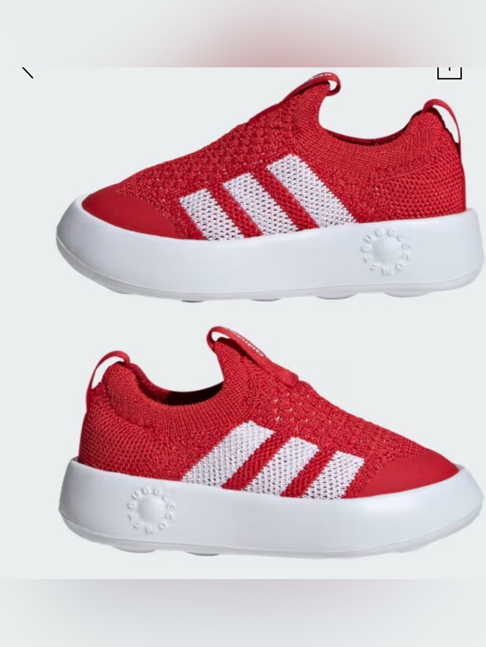 NWT adidas Bubblecomfy Kids Red Knit Slip-On Sneakers with White Stripes